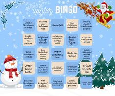 a christmas calendar with santa claus and snowman in the background, including words that read winter bingo