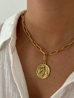 Anituqed gold necklace with coin, 17in Medallion Necklaces With Charms, Gold Plated Coin Pendant Charm Necklaces, Gold Plated Coin Pendant Charm Necklace, Guardian Angel Necklace, Coin Pearl Necklace, Angel Necklace, Coin Pearls, Guardian Angel, Coin Necklace