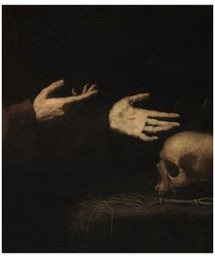 a painting with two hands reaching out to another person's head in the dark