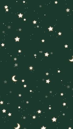 stars and moon in the night sky on a dark green background with space for text