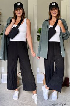 Black Flowy Pants Outfit, Black Pants Outfit Casual, Black Palazzo Pants Outfit, Athletic Pants Outfit, Sport Pants Outfit, Black Wide Leg Pants Outfit, Ankle Pants Outfit, Button Down Fashion, Flowy Pants Outfit