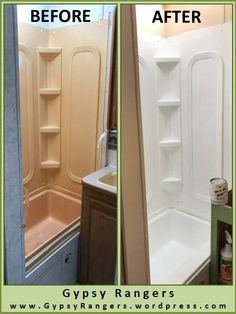 before and after photos of a bathtub remodel