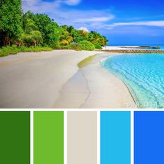 a beach with blue, green and white colors in the water next to some trees