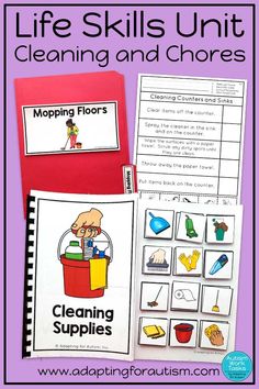 the life skills unit for cleaning and chores is shown in this printable activity book