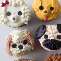 four cupcakes are decorated with different types of dog face icing on them