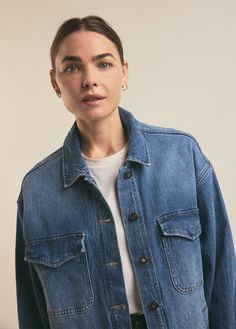 A shacket for all seasons. Cut from comfort-stretch denim, the Dad Shacket in Inez has been washed down to a classic blue with grit and texture creating highs and lows at the seams for a vintage look. It already feels broken in but will get even better with each wear.99% Cotton, 1% ElastaneBambi is 5'8" wearing size XS. Relaxed Fit Medium Wash Outerwear With Patch Pockets, Washed Blue Denim Jacket With Patch Pockets For Fall, Indigo Washed Denim Jacket For Everyday, Unstructured Denim Blue Denim Jacket, Unstructured Dark Wash Denim Jacket, Relaxed Fit Washed Blue Outerwear With Flap Pockets, Denim Shacket For Work With Patch Pockets, Indigo Denim Jacket With Patch Pockets For Fall, Washed Blue Outerwear With Patch Pockets For Fall