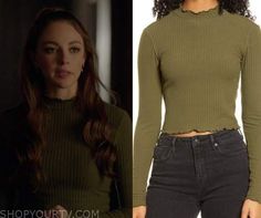 an image of a woman wearing a green sweater and jeans on the tv show pretty little thing