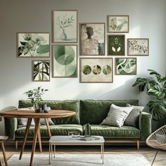 a living room filled with green furniture and pictures on the wall above it's coffee table