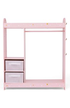 a pink children's wardrobe with drawers and shelves