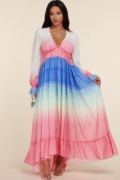 Float into the party with total elegance in this colorful chiffon maxi dress, fashioned with ruffle trim detailing and long bell sleeves. • Deep V-Neck• Ruffled Trim Detail• Tiered Flow-y Skirt• Long Sleeves• Cinched Wrists Multicolor Flowy Long Sleeve Beach Dress, Multicolor Flowy Chiffon Dress With Ruffles, Flowy V-neck Multicolor Chiffon Dress, Flowy Multicolor Floor-length Maxi Dress, Multicolor Flowy Floor-length Maxi Dress, Ombre Maxi Dress, Pregnancy Dress, Rainbow Dress, Skirt Long