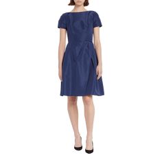 Carolina Herrera cocktail dress in taffeta. Approx. length:  40" from shoulder to hem. Bateau neckline. Short sleeves. Princess seams. Fit-and-flare silhouette. Hem hits about at the knee. Zips at v back. Silk. Lining, polyester/spandex. Dry clean only. Made in USA. Satin A-line Dress With Box Pleat, Fitted Silk Dress With Pleated Bodice, Silk A-line Dress With Pleated Bodice, Formal Taffeta Midi Dress With Fitted Bodice, Taffeta Cocktail Dress With Fitted Bodice, Formal Fitted Evening Dress With Boat Neck, Silk A-line Evening Dress With Pleated Back, Evening Midi Dress With Box Pleat And Fitted Bodice, Elegant Fitted Taffeta Midi Dress