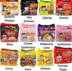 many different types of snacks are shown in this image, with the names below them