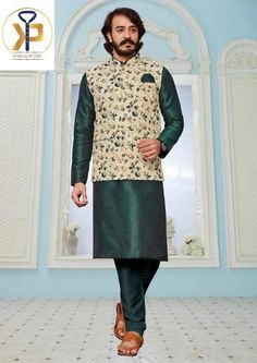 KPD2075 Dark Green Kurta Pyjama Set With Designer Nehru Jacket This includes kurta(top), pyjama(bottom) and Vest/ Jacket Fine Quality and Soft on the skin. Kurta Material- Silk Cotton Pyjama Fabric-Silk Cotton Looks great in house warming parties, pooja and festival get togetherness Our Kurta Pyjama can be ordered in bulk in advance for your weddings, engagement ceremonies, dance shows or ethnic parties. If you do not find your size, Do Not Worry -We can get you custom sizes. Sizes available fro Sleevless Coat, Wedding Outfits Indian, Beige Kurta, Moss Color, Kurta Pyjama, Nehru Jacket, Indian Wedding Wear, Kurta Pajama, Party Kleidung