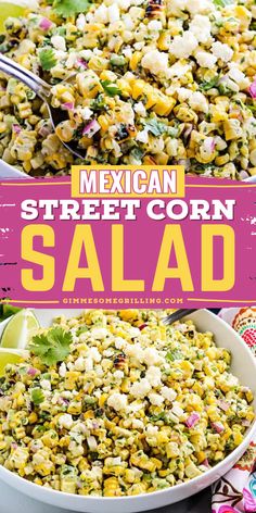 mexican street corn salad in a white bowl with limes and cilantro on the side