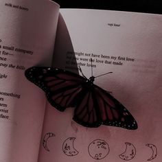 a butterfly sitting on top of an open book with phases of the moon and stars