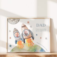 a father's day card with an image of a rocket ship and his baby