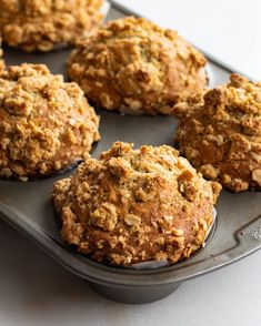 freshly baked muffins in a baking pan ready to be eaten