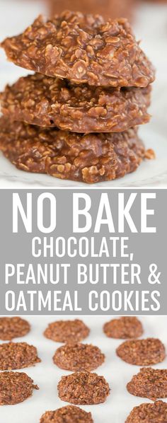 no bake chocolate peanut butter and oatmeal cookies stacked on top of each other