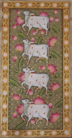 an intricately decorated painting with cows and flowers