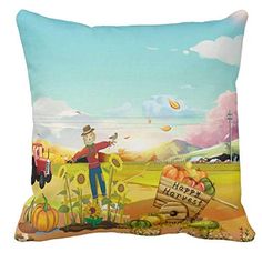 a pillow with a scarecrow and pumpkins on the ground in front of a farm scene