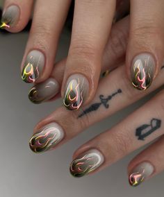 Those chrome flames are lit 🔥😈 Using @victoriavynn milky white mega base, 101 by @favai_official and @shoplilicreuk ‘s Brad chrome powder… | Instagram Devil Nails, Chrome Powder Nails, Mega Base, Quartz Nails, September Nails, Chrome Powder, Nails Desing