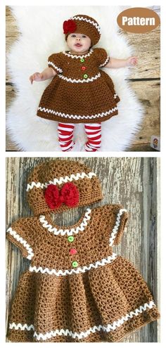 crocheted baby dress and hat with red flowers on the bottom, and a photo of