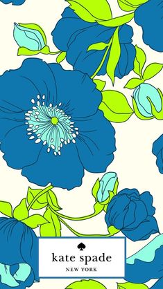 blue flowers on a white background with the name kate spade new york written below it