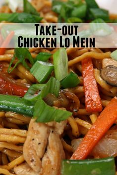 chicken lo mein with carrots, green onions and mushrooms in a stir fry on a white plate