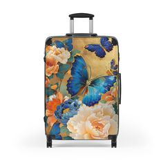 Discover the perfect blend of beauty and security with our Peony & Chrysanthemum Hard-Shell Suitcase. Adorned with royal blue and bronze green butterflies, this travel luggage is not just a sight to behold but a fortress for your belongings. The hard-shell polycarbonate and ABS material, coupled with a built-in lock, ensure your items remain safe. The suitcase features an adjustable telescopic handle and four double-wheels with 360o swivel for effortless navigation. With its stunning design and practical features, it's the ideal travel companion for those who seek style and convenience. Elegant Blue Travel Luggage, Green Butterflies, Blue And Bronze, Bronze Green, Security Lock, Security Locks, Green Butterfly, Suitcase Traveling, Suitcases