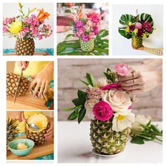 a collage of photos with flowers and pineapples