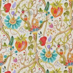 an artisticly designed wallpaper with colorful flowers and fruit on it's sides