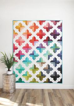 a colorful quilt hanging on the wall next to a potted plant in front of it