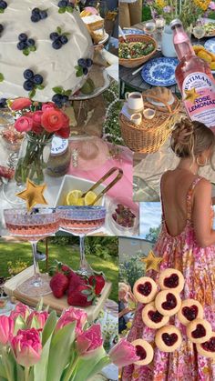 a collage of photos with flowers, fruit and desserts on display at an outdoor party