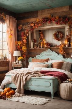 Step into an enchanted autumn hideaway with this rustic bedroom that's a symphony of warmth and charm. The centerpiece is an antique turquoise bed, wrapped in cozy blankets and plush cushions in rich fall hues. Aged wooden walls and ceilings provide a cozy embrace, while an array of colorful autumn leaves and wreaths adorn the space, evoking a forest retreat. Sheer, amber curtains grace the windows, letting in gentle light that reflects off the quaint nightstands and lanterns. The Amber Room, Cottage Walls Interior, Antique Bedrooms, Distressed Wood Wall, Antique Bedroom, Fall Bedroom Decor, Cozy Fall Bedroom, Estilo Country