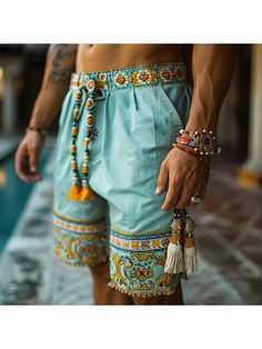 Men Shorts, Retro Ethnic Casual Linen Shorts Bohemian Style Shorts Mens Fashion Shorts, Cowgirl Dresses, Beach Boy, Linen Pant, Shorts Style, Style Shorts, Style Basic, Simple Tshirt, Ethnic Print