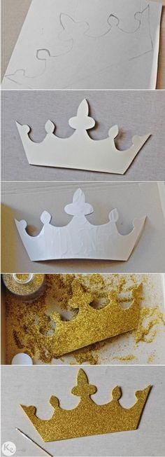 four different views of cake pans with crowns on top and bottom, one is cut in half