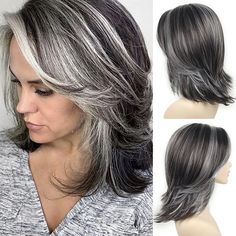 Layered Gray Wigs for White Women Short Silver Mixed Grey Wigs with Dark Roots Synthetic Hair Layered Bob Wigs Natural Looking 2024 - $20.99 Grey Hair Long, Hairstyles For Over 60, Mode Over 50, Hair Long Hairstyles, Grey Curly Hair, Ombre Bob, Blending Gray Hair, Low Maintenance Hair, Gray Hair Highlights