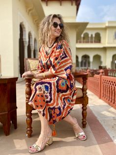 Angelo Tangelo Ikat Italian Silk Midi Kaftan Dress – PAX PHILOMENA Structural Fashion, Ikat Dress, Kaftan Style, Silk Ikat, Indian Block Print, Ikat Pattern, Printing Press, Abaya Fashion, Kaftan Dress