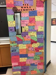 a door decorated with post it notes in the shape of a map that says six word memorys