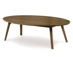 an oval wooden table with two legs on the top and one leg up against it