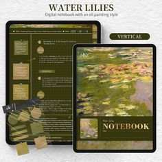 the water lilies digital notebook with an oil painting style cover is open and closed