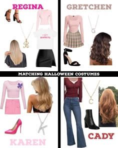 four different types of clothes and shoes for women with text reading, matching halloween costumes