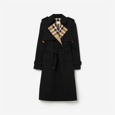 Long Check Lapel Gabardine Trench Coat in Black - Women, Cotton Gabardine | Burberry® Official Cotton Trench Coat, Lapel Top, Burberry Coat, Double Breasted Trench Coat, Trench Coat Black, Coat Black, Woven Cotton, Outerwear Coats, Trench Coats