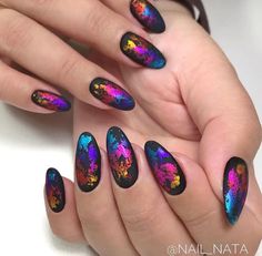 Multichrome Nail Art, Nails With Foil Flakes, Foil Nail Art Designs Ideas, Blue Foil Nails, Nails Sharp, Foil Nail Designs, Short Coffin Nails Designs, Glass Nails Art, Opi Nail Colors