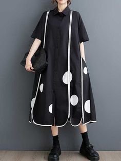 Sku CY-!163300 Material < 30% Polyester , >70%Cotton Style Loose , A-line , Half Sleeves Feature Pockets , Buttoned , Polka-dot , Split-front , Split-joint Neckline Lapel Occasion Vintage , Leisure Fashion Seasons Spring , Summer Type Midi Dresses , Shirt Dress Color BLACK,WHITE Size One_size Please consult the size chart we provide for this item's measurements to help you decide which size to buy.Please note: There may be 1-3cm differ due to manual measurement.CMINCH Bust Shoulder Sleeve Length Black Collared Summer Dress, Black Short Sleeve Dress With Buttons, Cheongsam Top, Leisure Fashion, Yoga Activewear, Midi Shirt Dress, White Shirt Dress, Black Shirt Dress, Fashion Seasons