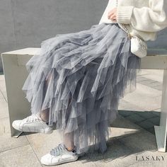 Lasaky - Ethereal Mesh Cake Skirt with Puffy Layers and Pleats - A Classy Half-Length or Full-Length Silhouette Pleated Tulle Skirt, Mesh Maxi Skirt, Net Skirt, Net Fashion, Cake Skirt, Organza Skirt, Tulle Tutu Skirt, Gown Pattern, Blue Tulle