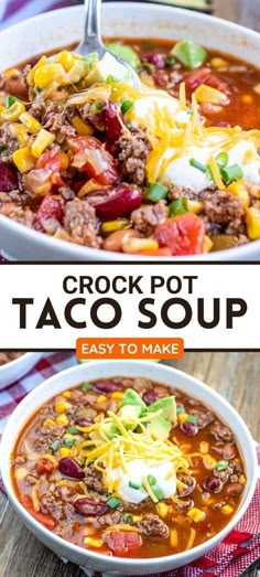 This taco soup recipe is full of flavor, easy to make, and perfect for any night! Stovetop or crock pot options. #tacosoup Taco Soup Recipe Crockpot, Crockpot Taco Soup, Crock Pot Taco Soup, Crockpot Taco, Taco Soup Recipe Easy, Taco Soup Crock Pot, Crock Pot Tacos, Taco Soup Recipe, Homemade Soup Recipe