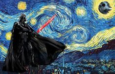 darth vader in the starry night with his lights on, and an image of