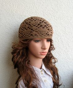 Women's Crochet Summer boho hat Girls summer hat light brown summer skull hat 100% soft cotton tams hat tight Women's Summer hat Cotton Hat