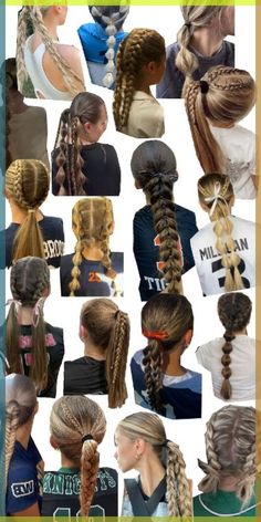 Up Do Hairstyles For Sports, Hair Inspo Sport, Soccer Hairstyles Braids, Cute Netball Hairstyles, Unique Volleyball Hairstyles, Sport Hair Ideas, Soccer Practice Hairstyles, Gameday Hairstyles Volleyball, Volleyball Hair Ideas